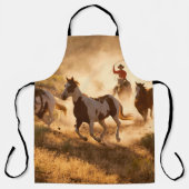 Two western cowboys riding horses, roping wild hor エプロン (正面)