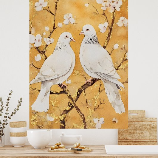  two white doves perched on a branch ポスター (キッチン)