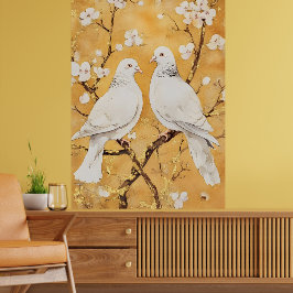  two white doves perched on a branch ポスター