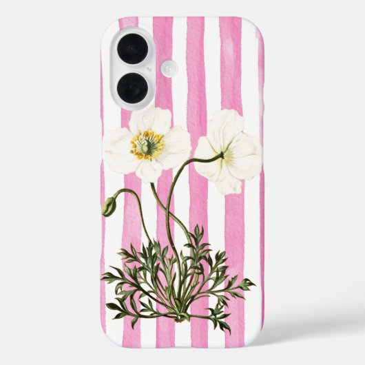 Two White Poppies on Faded Pink Denim Stripes  Case-Mate iPhoneケース (裏面)