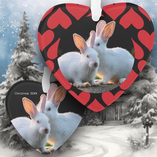 Two White Rabbits with Red Hearts Holiday オーナメント