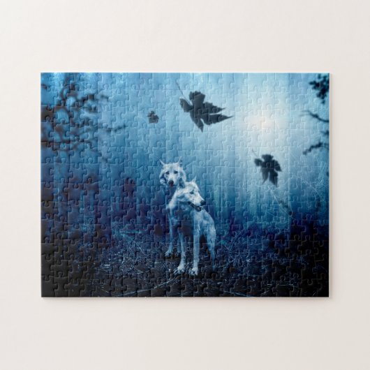 Two white wolves in the wild forest ジグソーパズル (横)