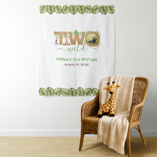 Two Wild 二歳の誕生日 ジャングルの葉のフォト背景 タペストリー