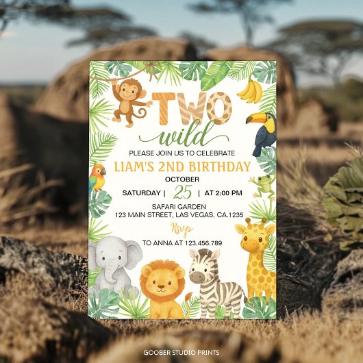 Two Wild Animals Safari 2nd Birthday Party 招待状