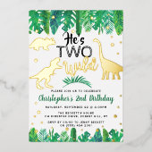 Two Wild Dinosaur Boys 2男の子2歳の誕生日パーティー 箔招待状 (正面)