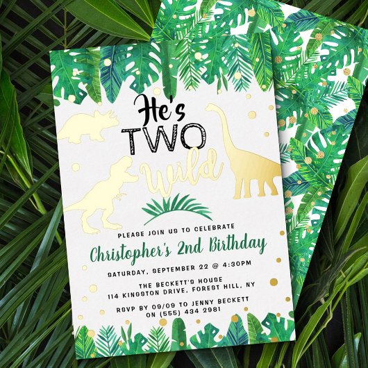Two Wild Dinosaur Boys 2男の子2歳の誕生日パーティー 箔招待状