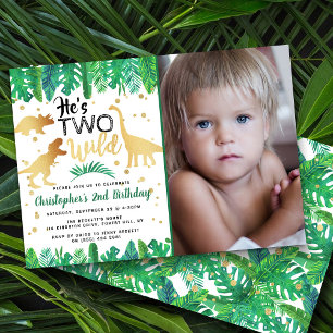 Two Wild Dinosaur Boys 2nd Birthday Photo 招待状