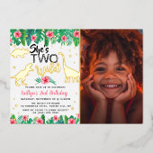 Two Wild Dinosaur Girls 2nd Birthday写真実在 箔招待状 (正面)