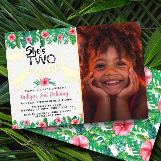 Two Wild Dinosaur Girls 2nd Birthday写真実在 箔招待状