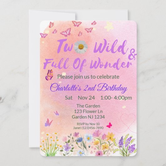 "Two Wild & Full of Wonder" Second Birthday 招待状 (正面)