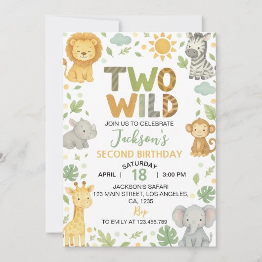 Two Wild Jungle Animals Safari 2nd Birthday 招待状 (正面)