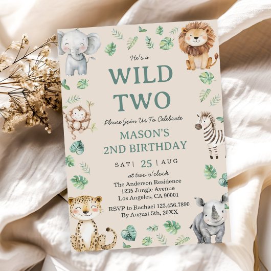 Two Wild Jungle Safari Animals 2nd Birthday Theme 招待状