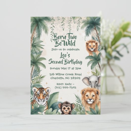 Two Wild Jungle Safari Animals Boy 2nd Birthday  招待状 (スタンド正面)