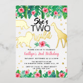 Two Wild Jungle Safari Girls 2nd Birthday Real 箔招待状 (正面)