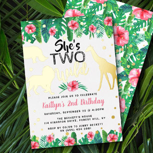 Two Wild Jungle Safari Girls 2nd Birthday Real 箔招待状