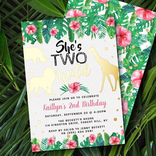 Two Wild Jungle Safari Girls 2nd Birthday Real 箔招待状