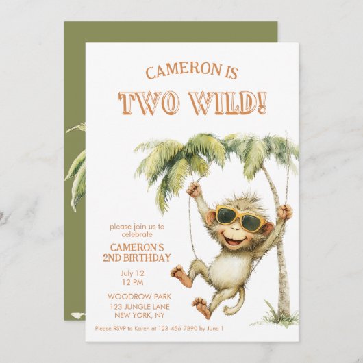 Two Wild Monkey Second Birthday 招待状 (正面/裏面)