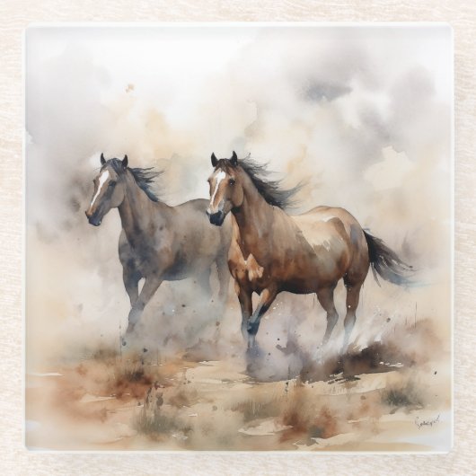 “Two Wild Mustangs ” 荒々しいウエスタンウォーターカラー ガラスコースター (正面)