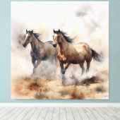 “Two Wild Mustangs ” 荒々しいウエスタンウォーターカラー キャンバスプリント (インサイチュ (ウッドフロア))