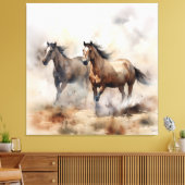 “Two Wild Mustangs ” 荒々しいウエスタンウォーターカラー キャンバスプリント (インサイチュ (リビング))
