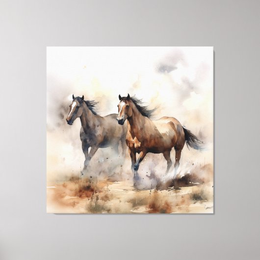 “Two Wild Mustangs ” 荒々しいウエスタンウォーターカラー キャンバスプリント (正面)