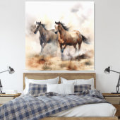 “Two Wild Mustangs ” 荒々しいウエスタンウォーターカラー キャンバスプリント (インサイチュ (寝室))