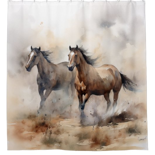 “Two Wild Mustangs ” 荒々しいウエスタンウォーターカラー シャワーカーテン (正面)