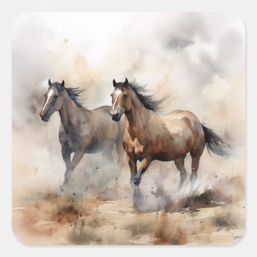 “Two Wild Mustangs ” 荒々しいウエスタンウォーターカラー スクエアシール (正面)