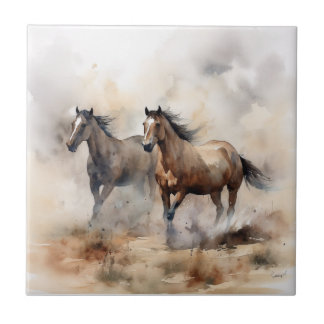 “Two Wild Mustangs ” 荒々しいウエスタンウォーターカラー タイル