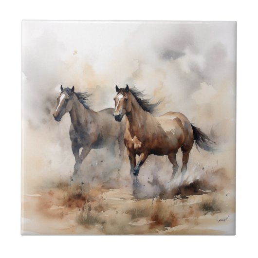 “Two Wild Mustangs ” 荒々しいウエスタンウォーターカラー タイル (正面)