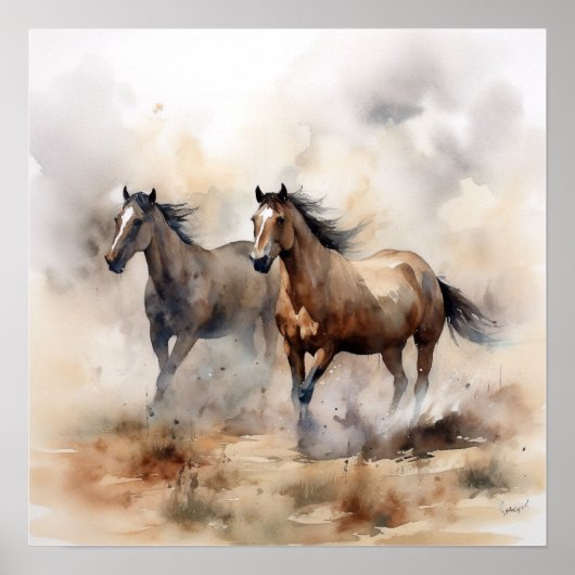 “Two Wild Mustangs ” 荒々しいウエスタンウォーターカラー ポスター (正面)
