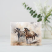 “Two Wild Mustangs ” 荒々しいウエスタンウォーターカラー ポストカード (スタンド正面)