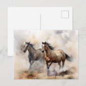 “Two Wild Mustangs ” 荒々しいウエスタンウォーターカラー ポストカード (正面/裏面)
