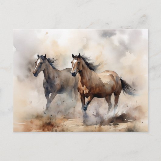 “Two Wild Mustangs ” 荒々しいウエスタンウォーターカラー ポストカード (正面)