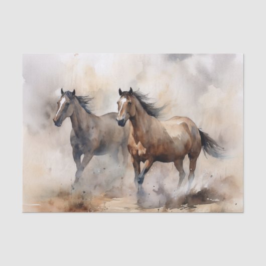 “Two Wild Mustangs ” 荒々しいウエスタンウォーターカラー 薄葉紙 (正面)