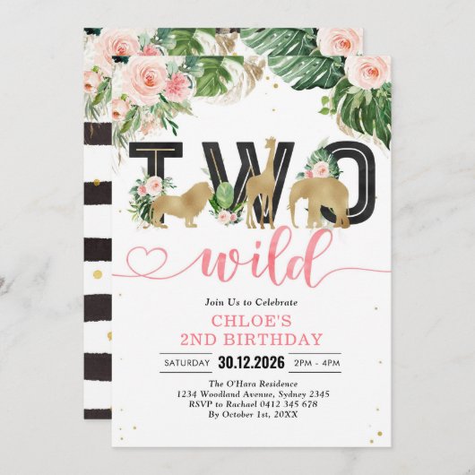 Two Wild Party Animals 2nd Birthday Invitation 招待状 (正面/裏面)