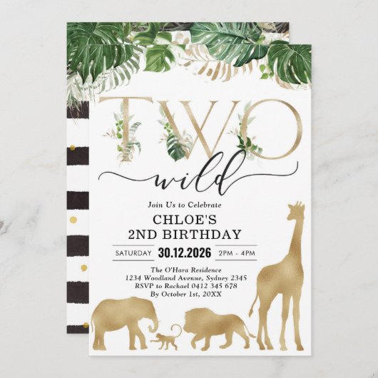 Two Wild Party Animals 2nd Birthday Invitation 招待状 (正面/裏面)