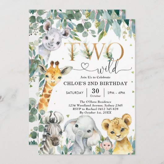 Two Wild Party Animals 2nd Birthday Invitation 招待状 (正面/裏面)
