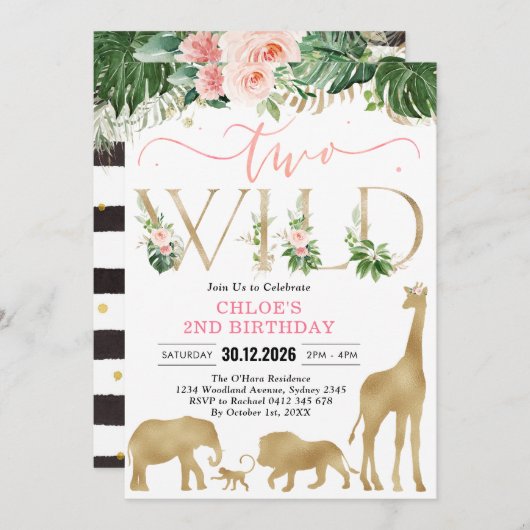Two Wild Party Animals 2nd Birthday Invitation 招待状 (正面/裏面)