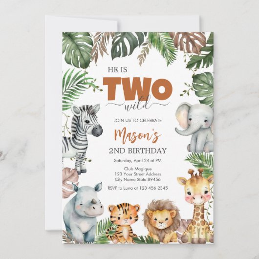 Two Wild Party Animals Kids 2nd Birthday 招待状 (正面)