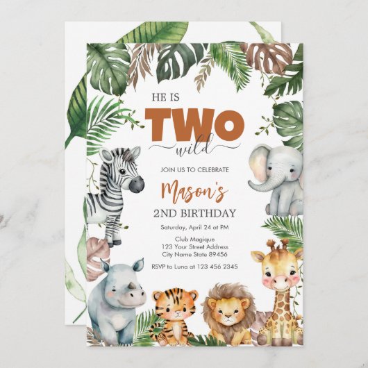 Two Wild Party Animals Kids 2nd Birthday 招待状 (正面/裏面)