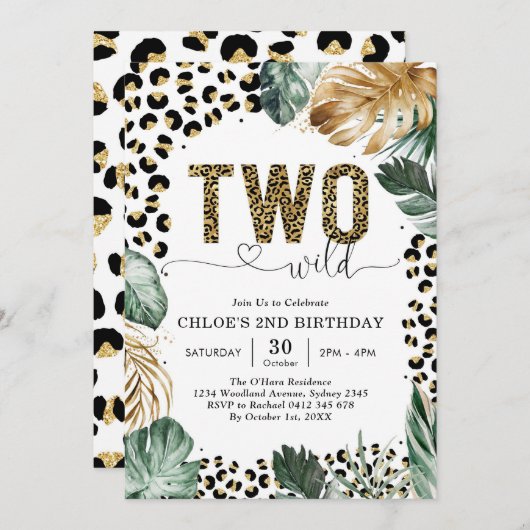 Two Wild Party Animals Leopard 2nd Birthday 招待状 (正面/裏面)