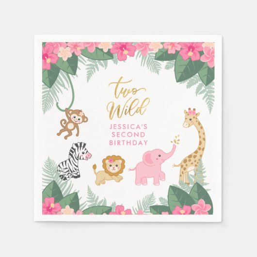 TWO WILD - Pink Safari Girl's 2誕生日 スタンダードカクテルナプキン (正面)