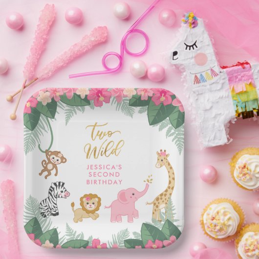 TWO WILD - Pink Safari Girl's 2誕生日 ペーパープレート (パーティー)