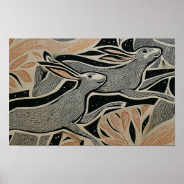 Two wild rabbits with woodcut textures ポスター
