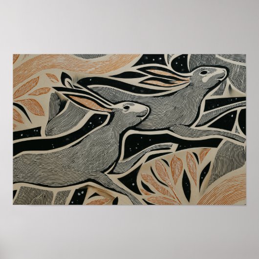 Two wild rabbits with woodcut textures ポスター (正面)