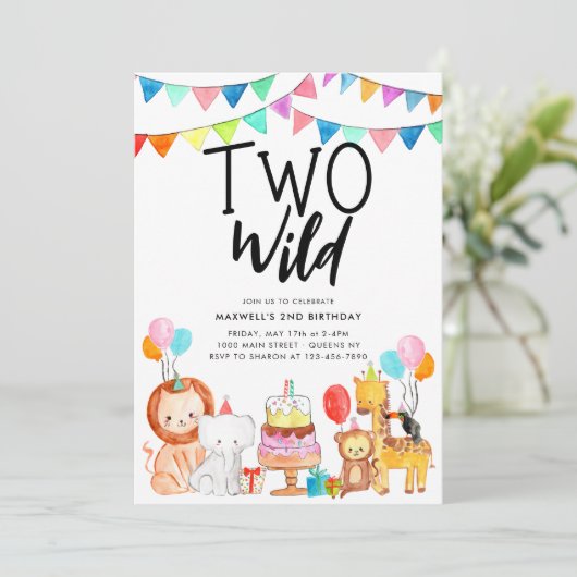TWO WILD Safariパーティー動物キッズ2nd誕生日 招待状 (スタンド正面)