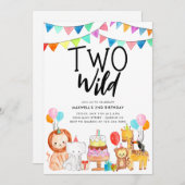 TWO WILD Safariパーティー動物キッズ2nd誕生日 招待状 (正面/裏面)