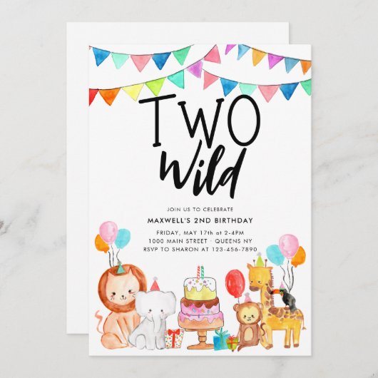 TWO WILD Safariパーティー動物キッズ2nd誕生日 招待状 (正面/裏面)