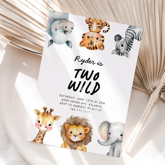 Two Wild Safari Animals 2nd Birthday 招待状